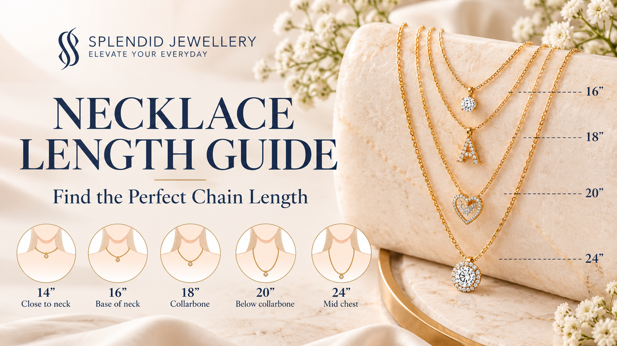 Gold and diamond necklaces displayed at different chain lengths to illustrate how to choose the perfect necklace length.