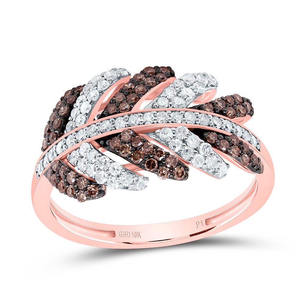 10K Rose Gold Diamond Cognac Leaf Ring 3/4 Cttw - Splendid Jewellery