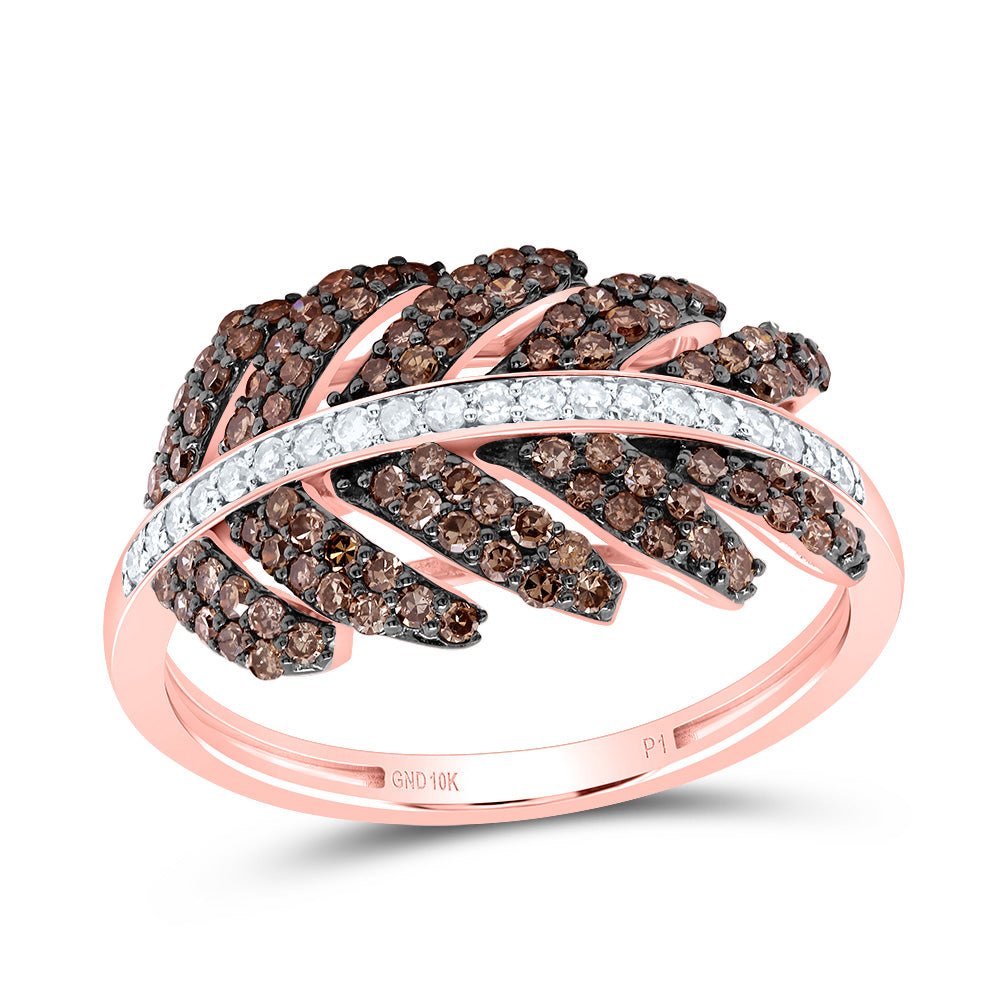 10K Rose Gold Diamond Cognac Leaf Ring 5/8 Cttw - Splendid Jewellery