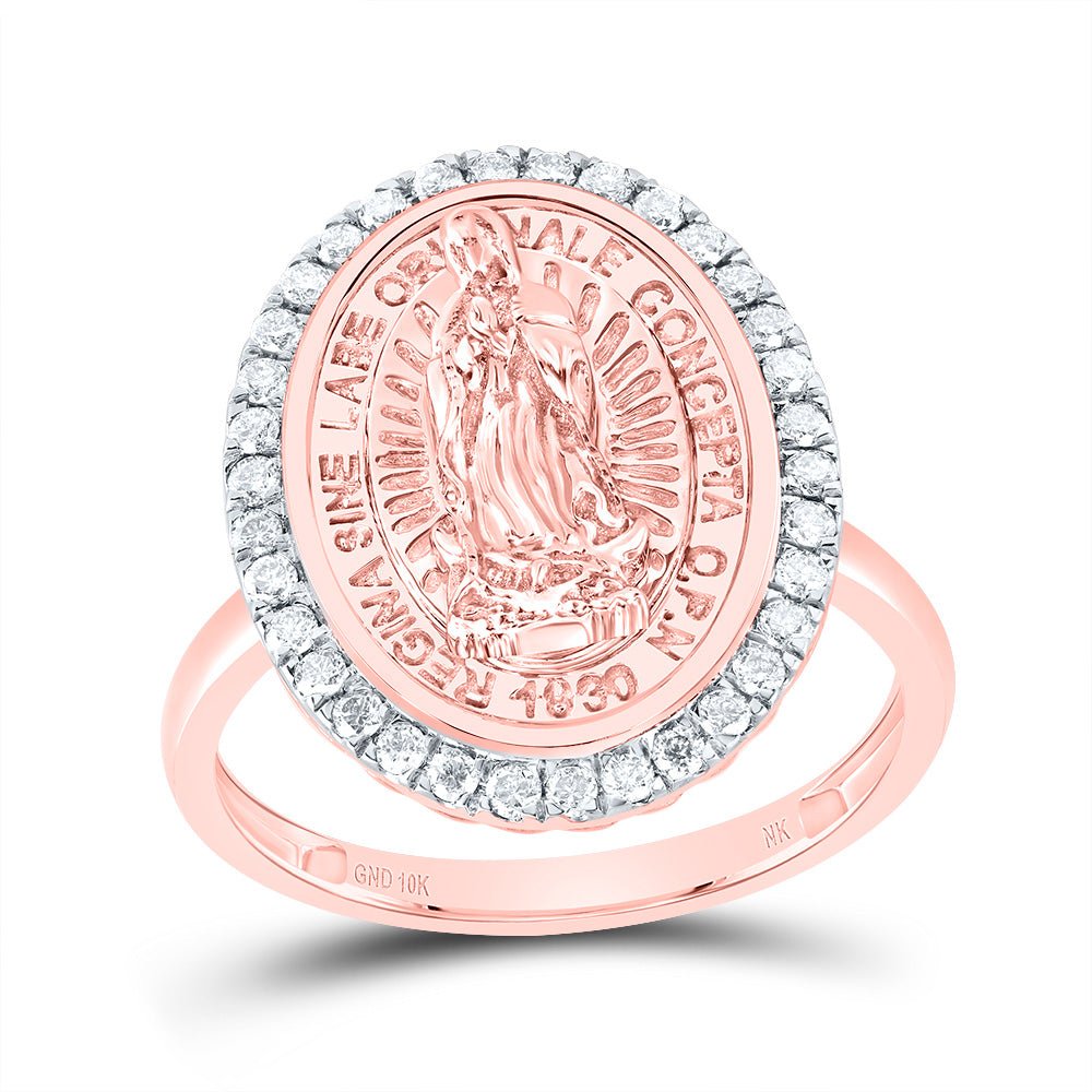 10K Rose Gold Diamond Fashion Virgin Mother Mary Oval Women's Ring 1/3 Cttw - Splendid Jewellery