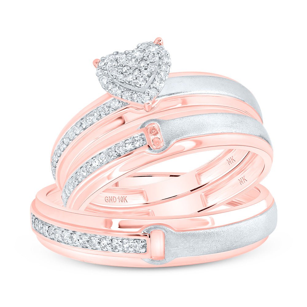 10K Rose Gold Diamond Heart Trio Ring Set 1/4 Cttw - Splendid Jewellery
