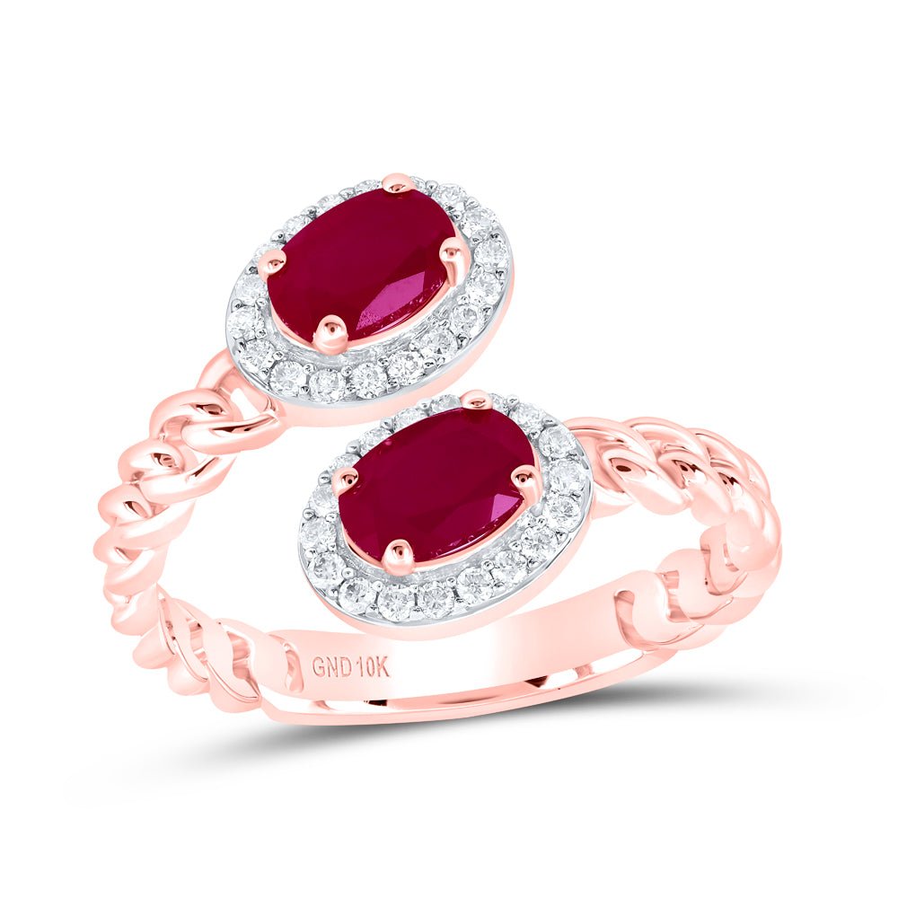 10K Rose Gold Diamond Oval Ruby Synthetic Ring 1/5 Cttw - Splendid Jewellery