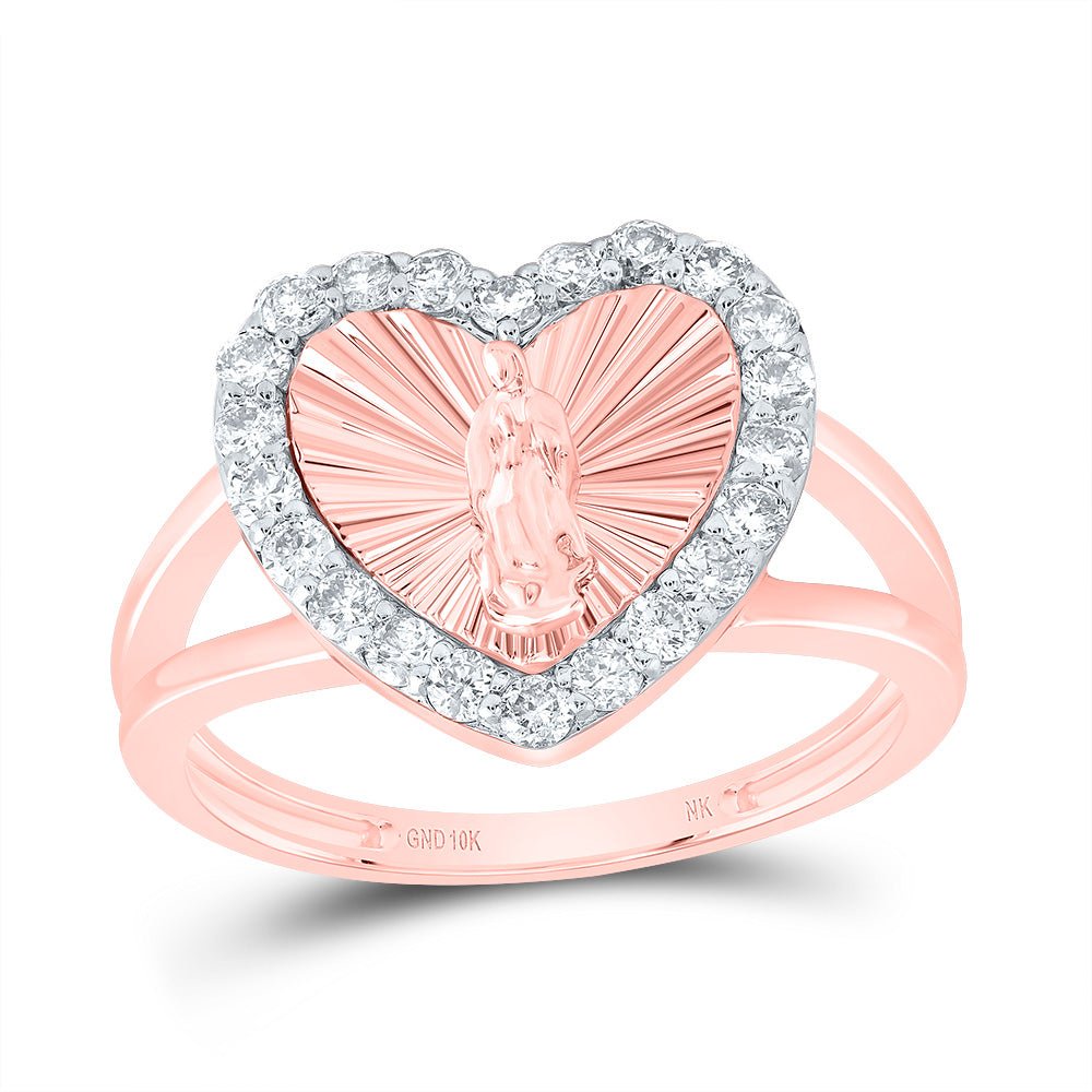 10K Rose Gold Diamond Virgin Mother Mary Heart Women's Ring 1/2 Cttw - Splendid Jewellery