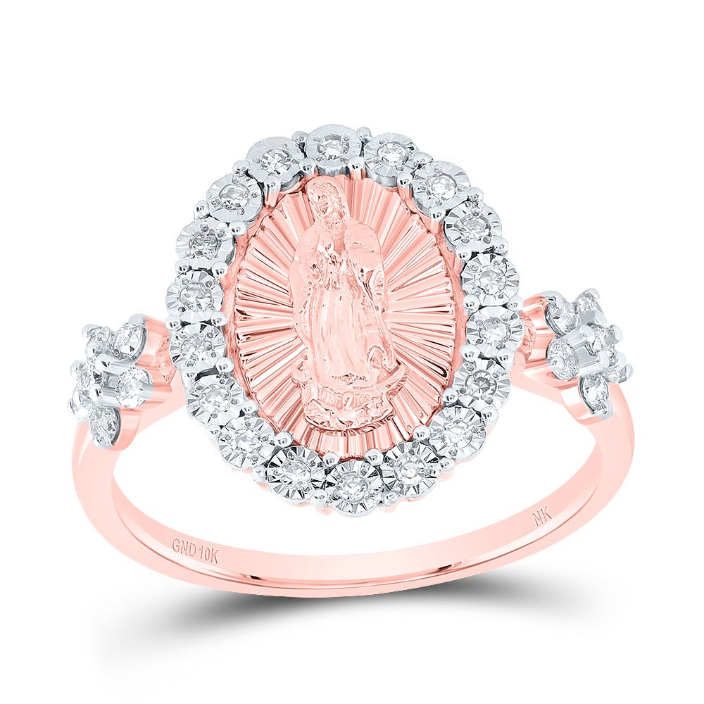 10K Rose Gold Diamond Virgin Mother Mary Oval Women's Ring 1/4 Cttw - Splendid Jewellery