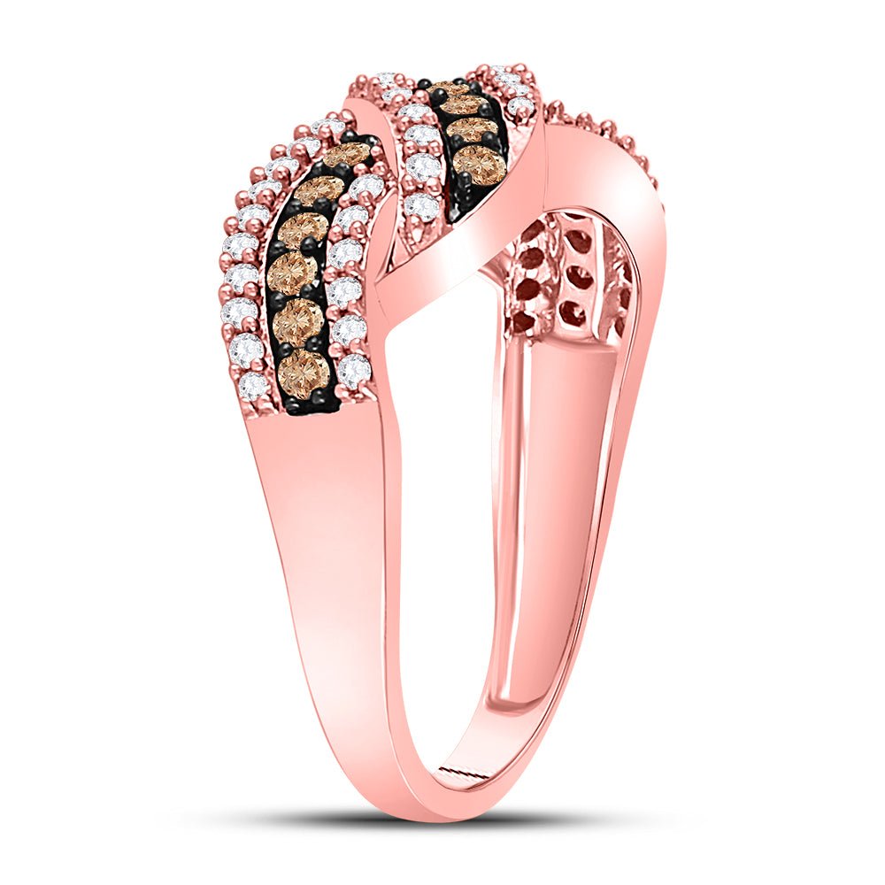 10K Rose Gold Round Brown Diamond Women's Brown Crossover Band Ring 3/4 Cttw - Splendid Jewellery