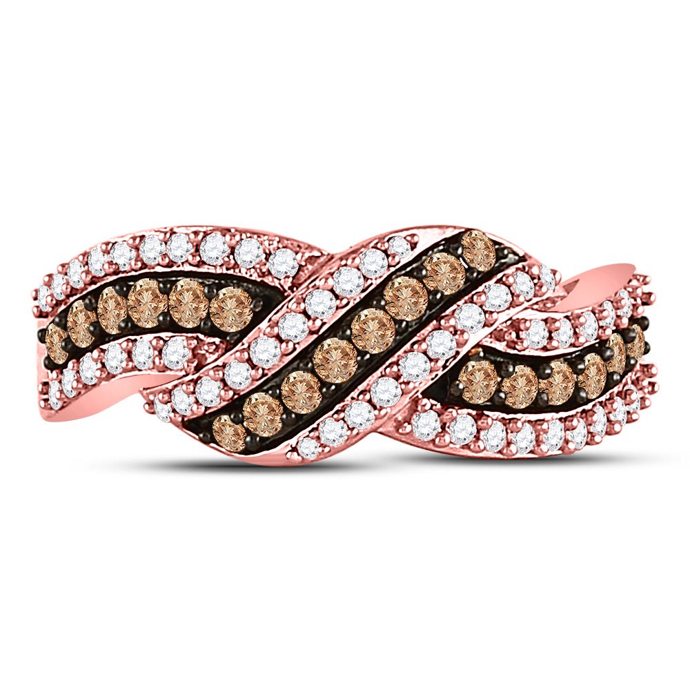 10K Rose Gold Round Brown Diamond Women's Brown Crossover Band Ring 3/4 Cttw - Splendid Jewellery