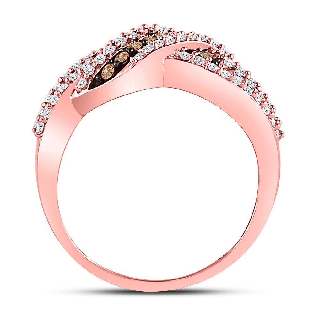 10K Rose Gold Round Brown Diamond Women's Brown Crossover Band Ring 3/4 Cttw - Splendid Jewellery