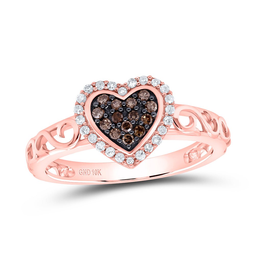 10K Rose Gold Round Brown Diamond Women's Brown Heart Ring 1/4 Cttw - Splendid Jewellery