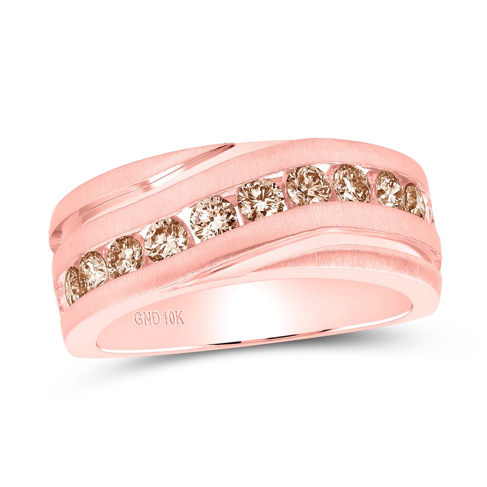 10K Rose Gold Round Diamond Men's Wedding Single Row Grooved Band Ring 1 Cttw - Splendid Jewellery