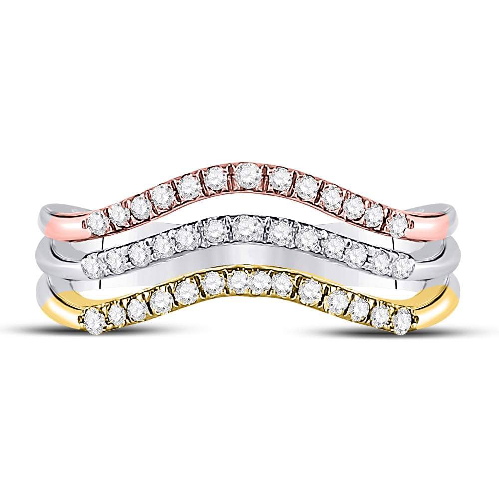 10K Tri Tone Gold Round Diamond Women's Triple Row Band Ring 1/4 Cttw - Splendid Jewellery