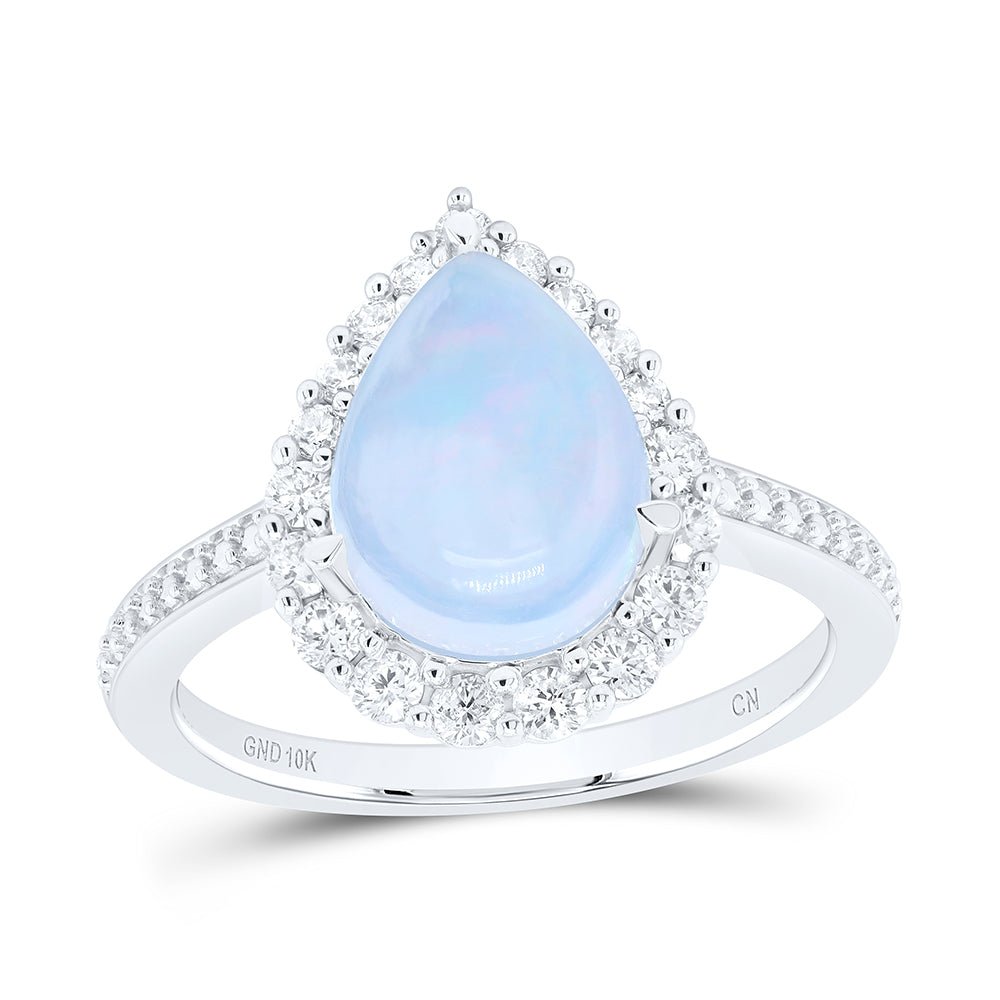 10K White Gold Diamond 11x7. Opal Gemstone Pear Ring 3/8 Cttw - Splendid Jewellery
