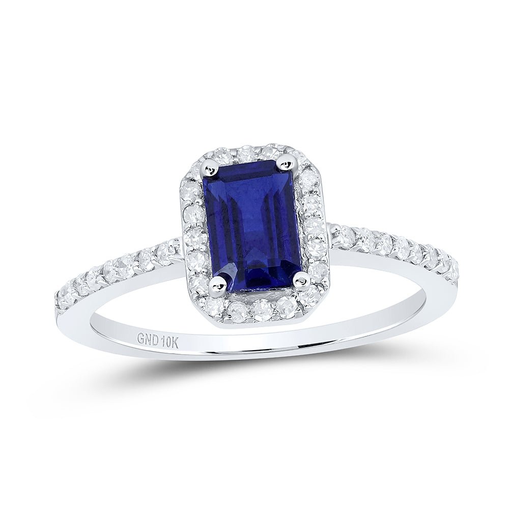 10K White Gold Diamond 6.70 X Emerald Blue Sapphire Synthetic Ring 1/4 Cttw - Splendid Jewellery