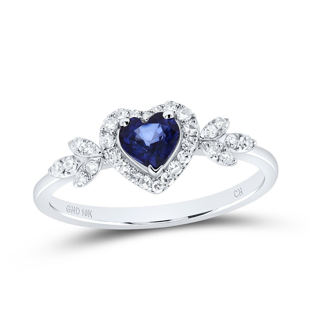 10K White Gold Diamond Blue Sapphire Gemstone Heart Ring 1/5 Cttw - Splendid Jewellery