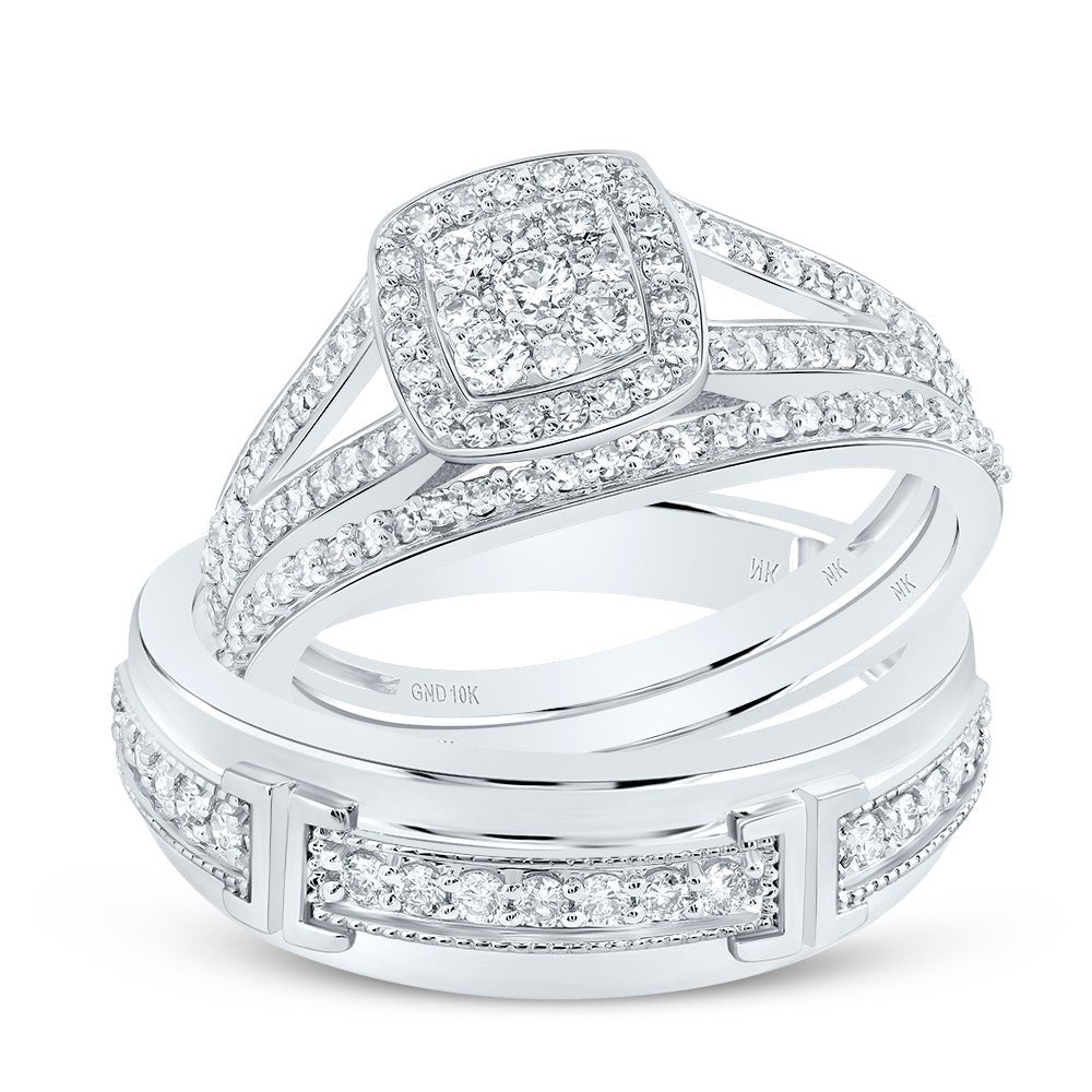 10K White Gold Diamond Cushion Trio Ring Set 3/4 Cttw - Splendid Jewellery