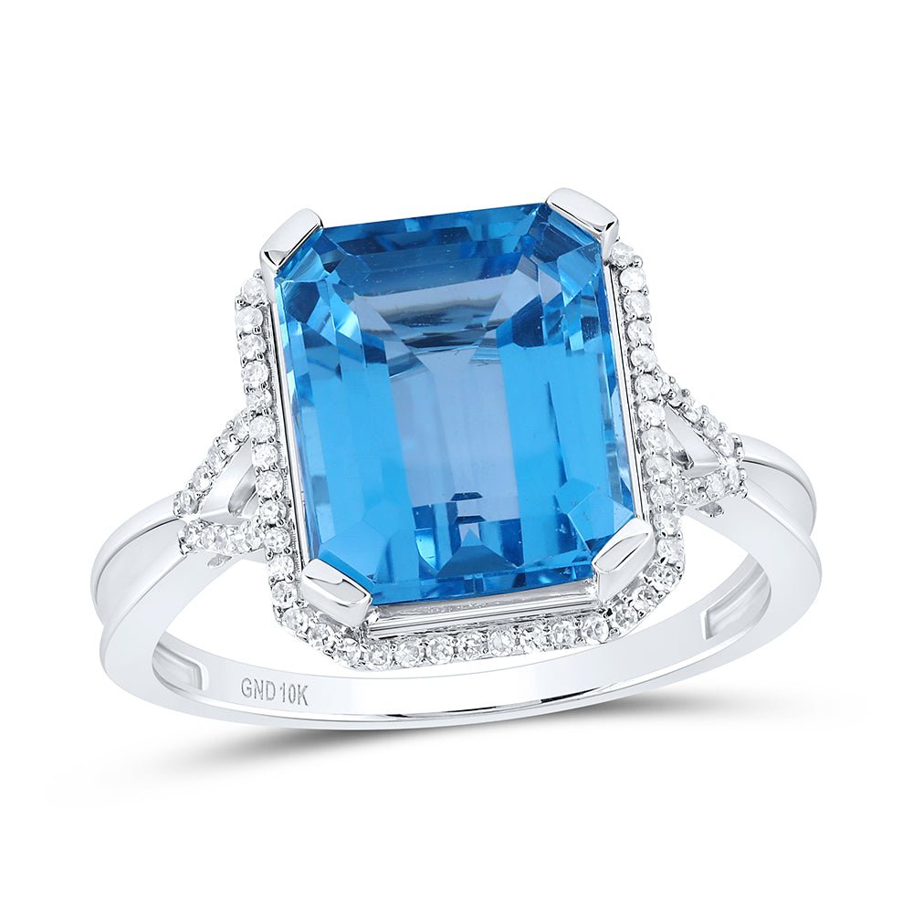 10K White Gold Diamond Emerald London Blue Topaz Synthetic Ring 1/6 Cttw - Splendid Jewellery