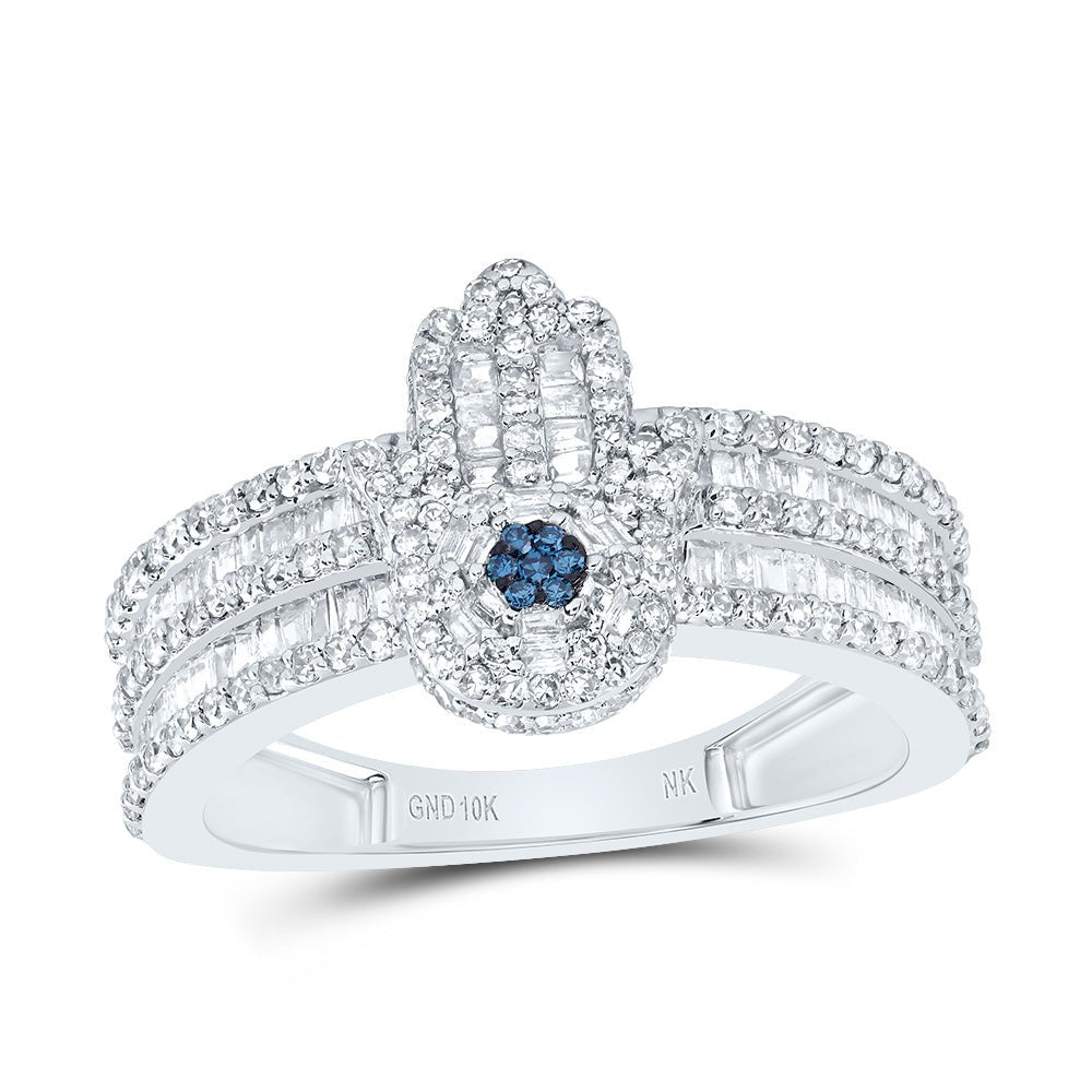 10K White Gold Diamond Fashion Blue Hamsa Ring 1 Cttw - Splendid Jewellery