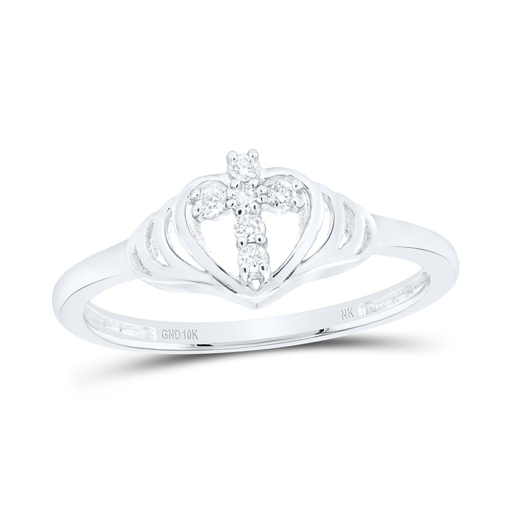 10K White Gold Diamond Gift Heart Cross Ring 1/12 Cttw - Splendid Jewellery