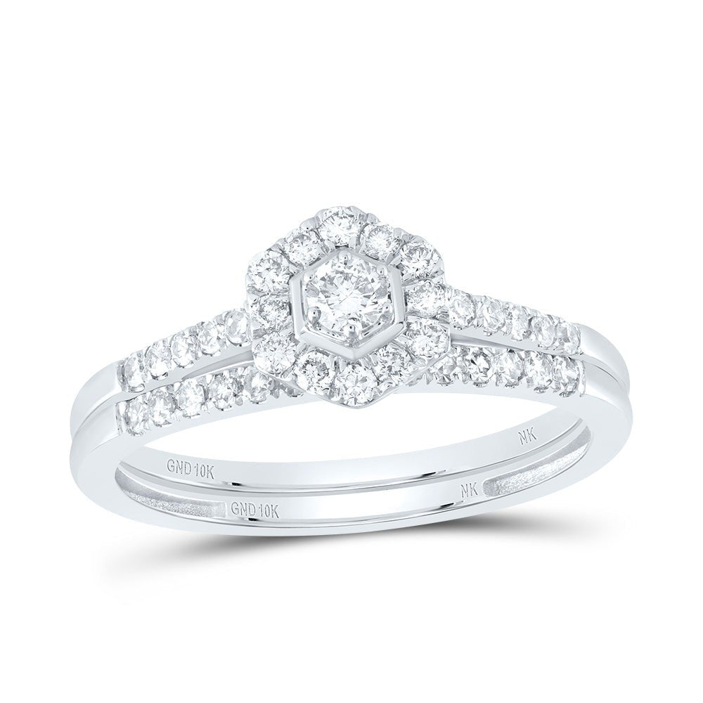 10K White Gold Diamond Hexagon Single Halo Bridal Set 1/2 Cttw - Splendid Jewellery