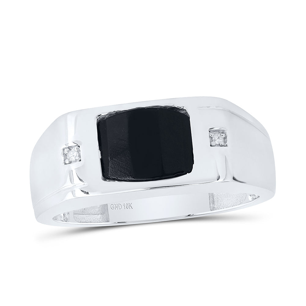 10K White Gold Diamond Onyx Black Men's Ring 0.01 Cttw - Splendid Jewellery