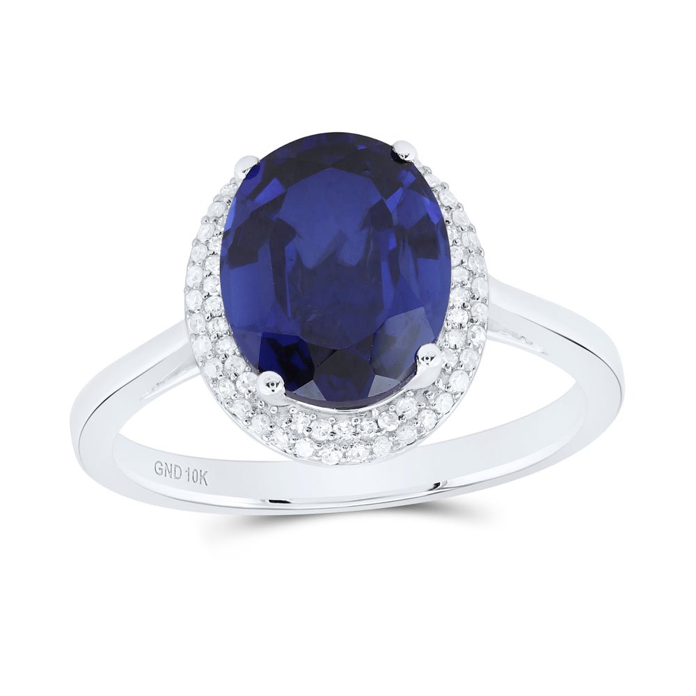 10K White Gold Diamond Oval Blue Sapphire Synthetic Ring 1/6 Cttw - Splendid Jewellery