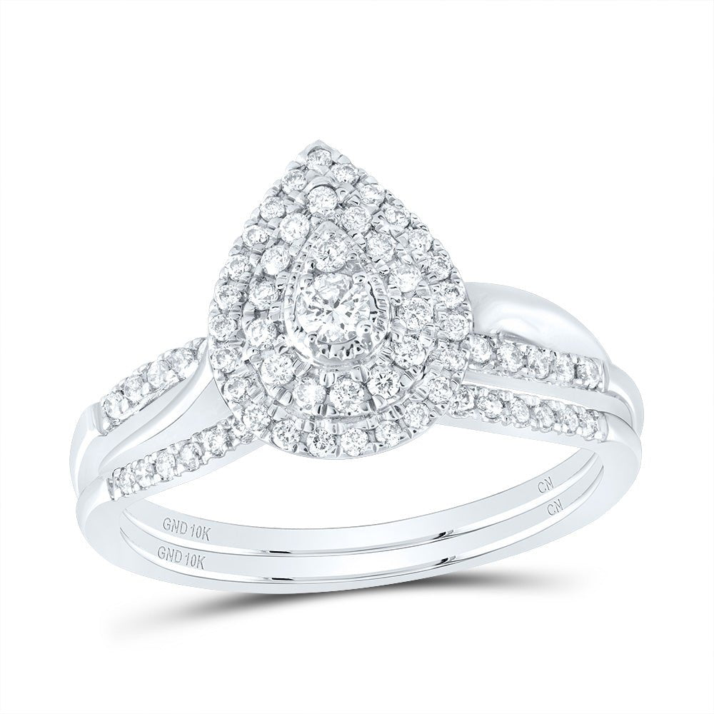 10K White Gold Diamond Pear Double Halo Bridal Set 3/8 Cttw - Splendid Jewellery