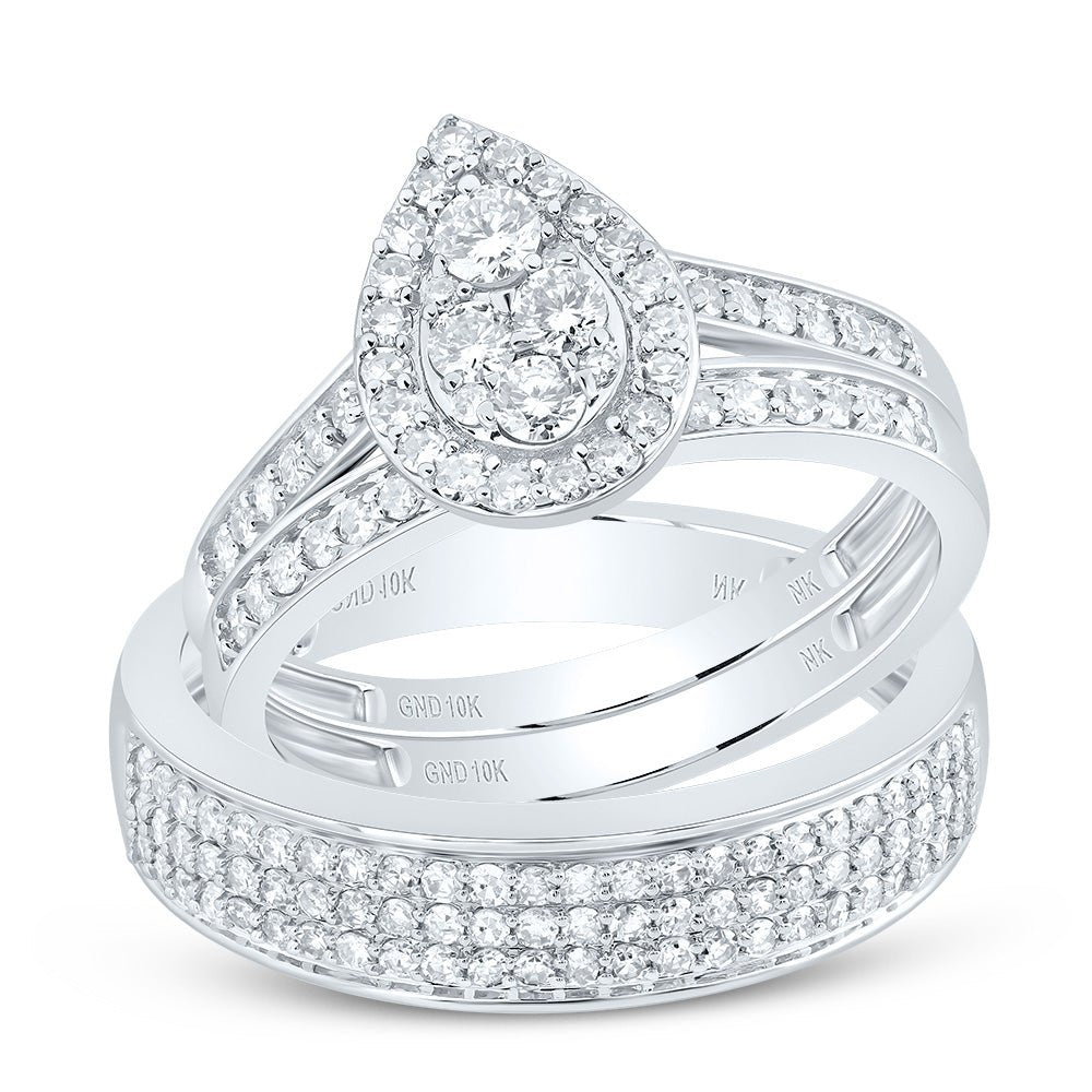 10K White Gold Diamond Pear Trio Ring Set 1 Cttw - Splendid Jewellery