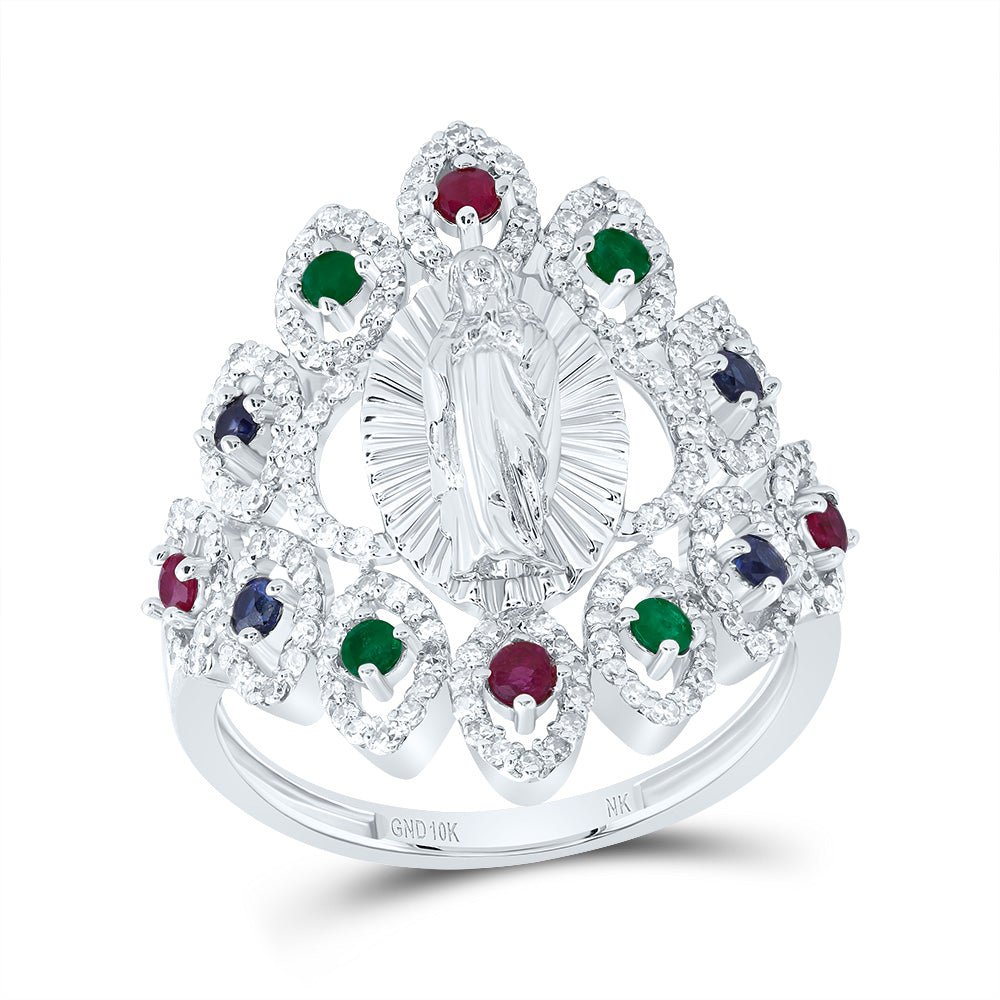 10K White Gold Diamond Ruby,Blue Sapphire and Emerald Gemstone Virgin Mother Mary Ring 1/2 Cttw - Splendid Jewellery