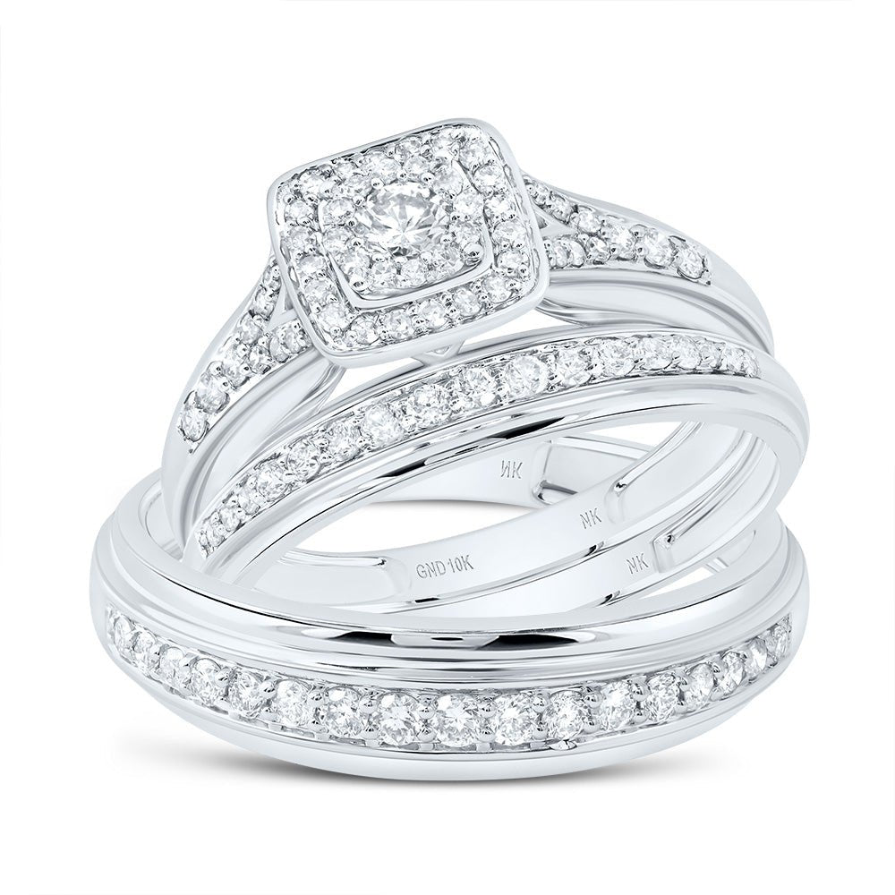 10K White Gold Diamond Square Trio Ring Set 7/8 Cttw - Splendid Jewellery
