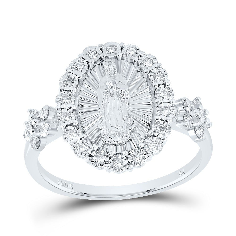 10K White Gold Diamond Virgin Mother Mary Oval Women's Ring 1/4 Cttw - Splendid Jewellery
