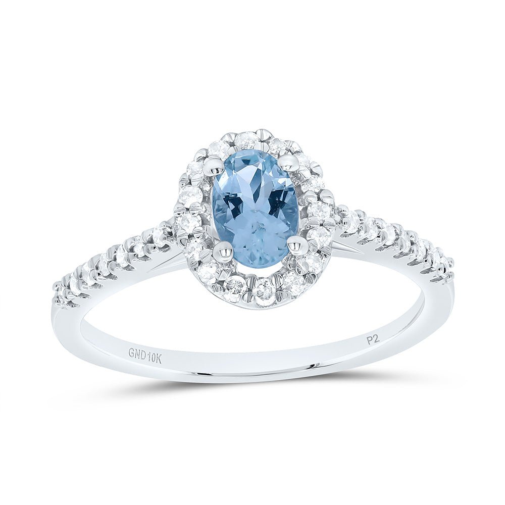 10K White Gold Oval Natural Aquamarine Diamond Accent Solitaire Ring 1/5 Cttw - Splendid Jewellery