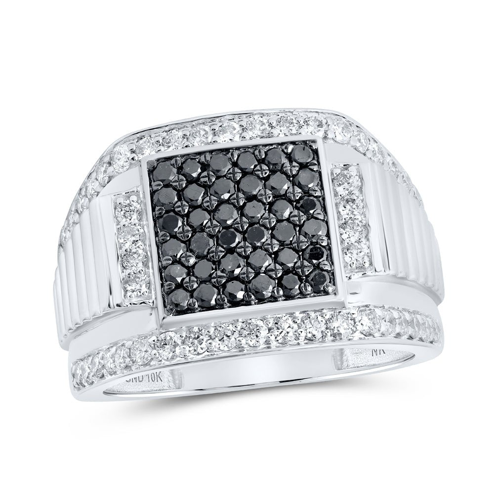 10K White Gold Round Colored Black Diamond Mens Ring 1 5/8 Cttw - Splendid Jewellery