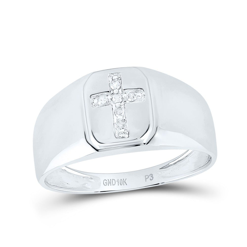 10K White Gold Round Diamond Mens Brushed Matte Cross Band Ring 1/20 Cttw - Splendid Jewellery