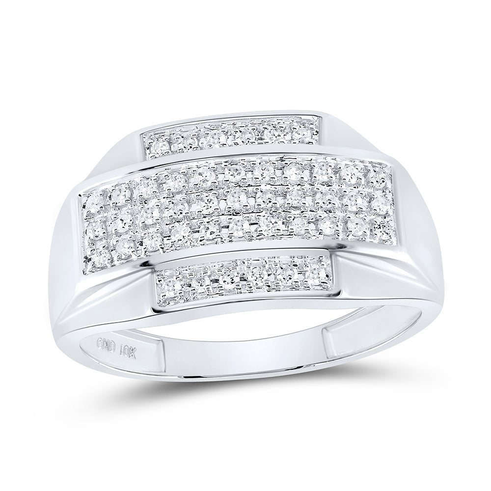 10K White Gold Round Diamond Mens Pave - Set Rectangle Cluster Ring 1/3 Cttw - Splendid Jewellery