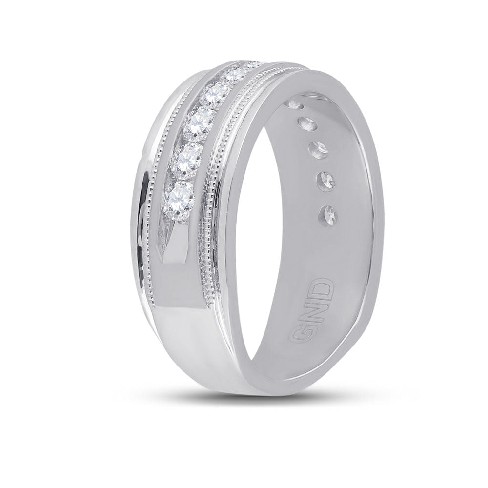 10K White Gold Round Diamond Men's Wedding Milgrain Channel Set Band Ring 1 Cttw - Splendid Jewellery