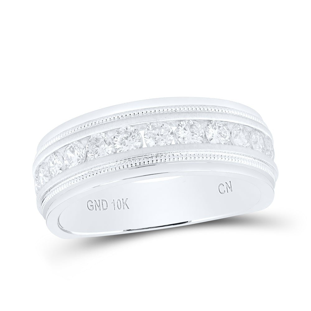 10K White Gold Round Diamond Men's Wedding Milgrain Channel Set Band Ring 1 Cttw - Splendid Jewellery