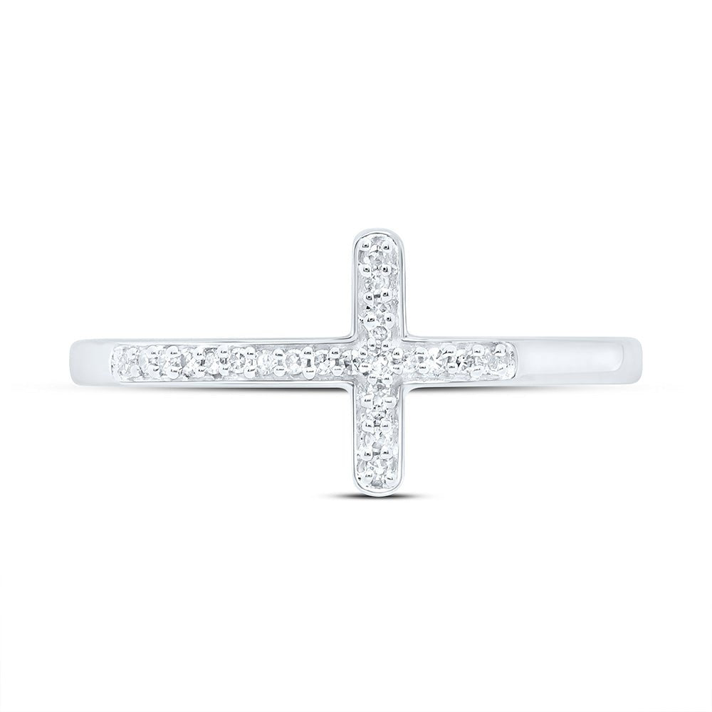 10K White Gold Round Diamond Women's Cross Religious Band Ring 1/20 Cttw - Splendid Jewellery