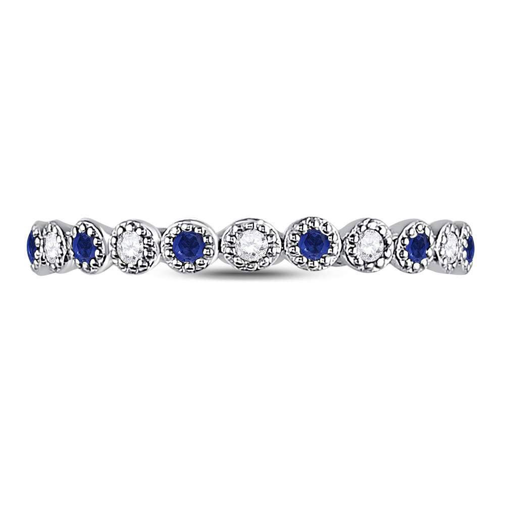 10K White Gold Round Natural Blue Sapphire Beaded Dot Stackable Band Ring 1/12 Cttw - Splendid Jewellery