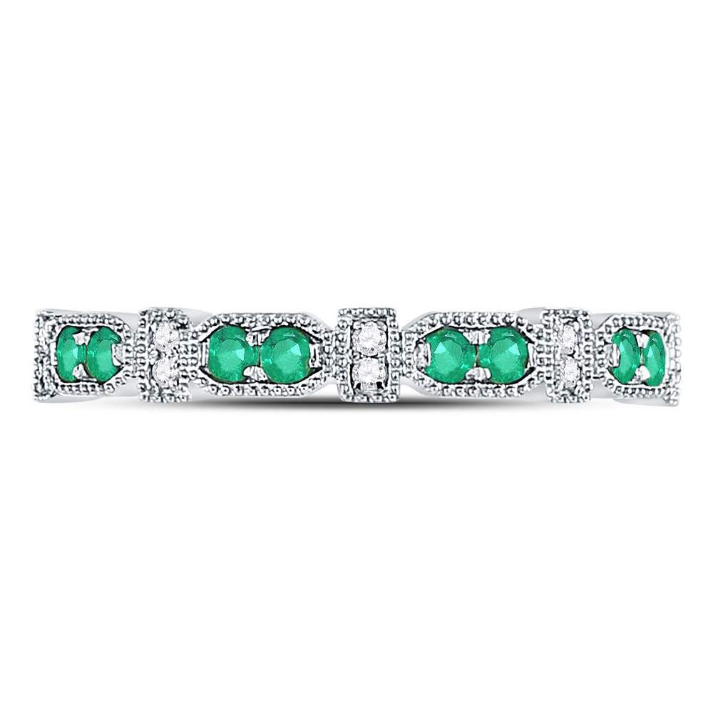 10K White Gold Round Natural Emerald Stackable Band Ring 1/20 Cttw - Splendid Jewellery
