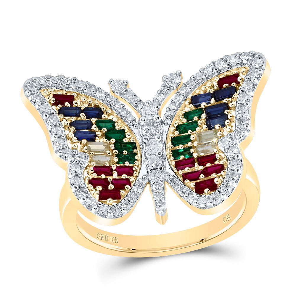 10K Yellow Gold Diamond Bag Gemstone Multi Colour Sapphire Butterfly Ring 1/2 Cttw - Splendid Jewellery