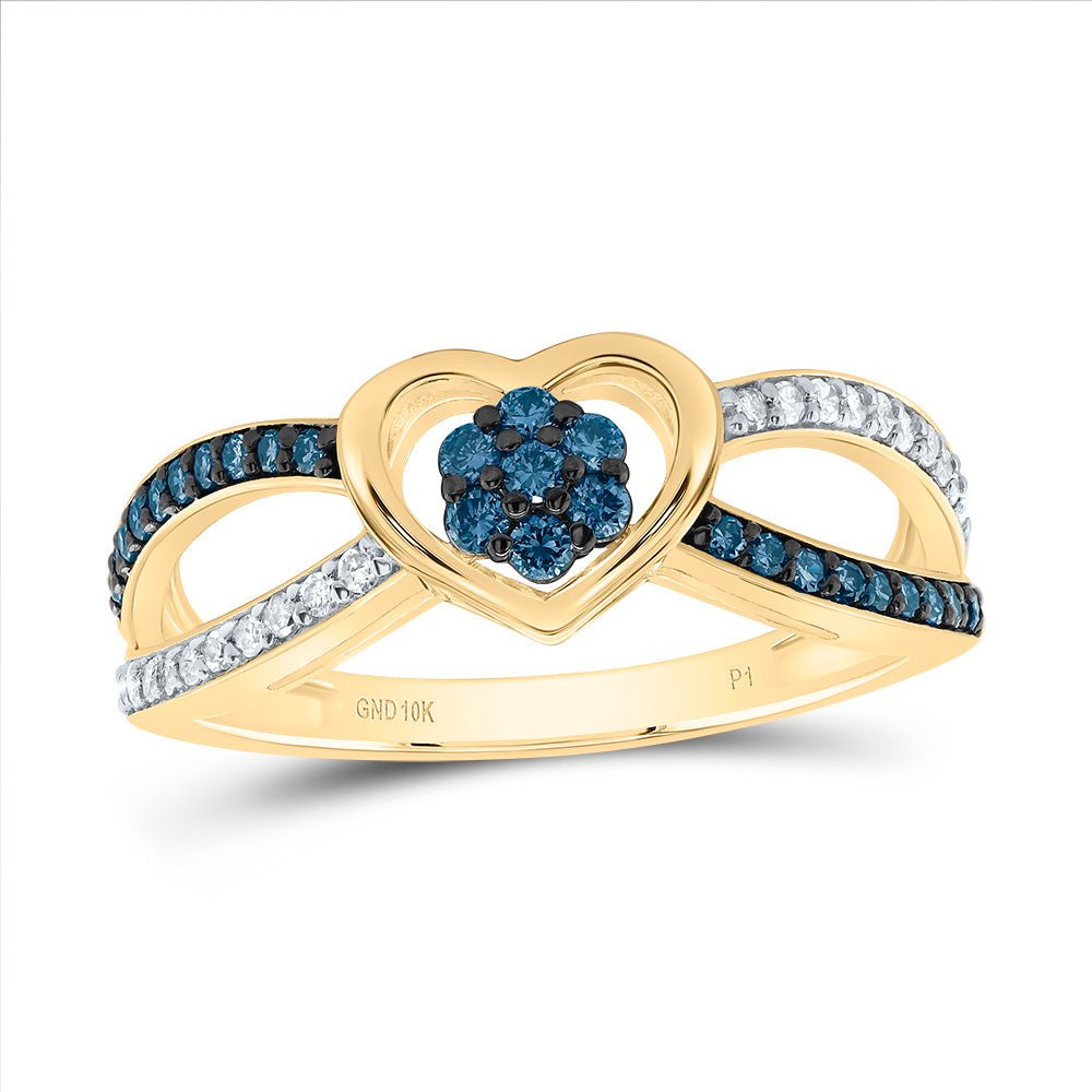 10K Yellow Gold Diamond Blue Heart Ring 1/3 Cttw - Splendid Jewellery