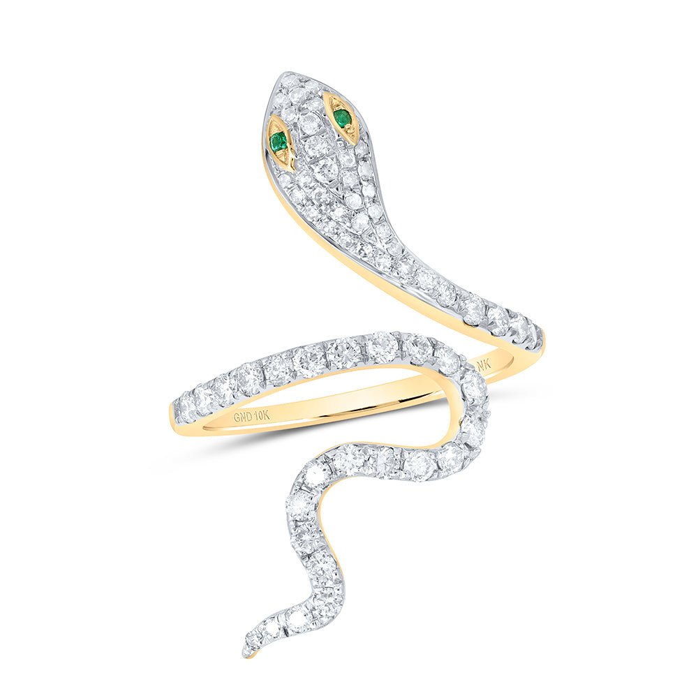 10K Yellow Gold Diamond Emerald Gemstone Snake Ring 3/4 Cttw - Splendid Jewellery
