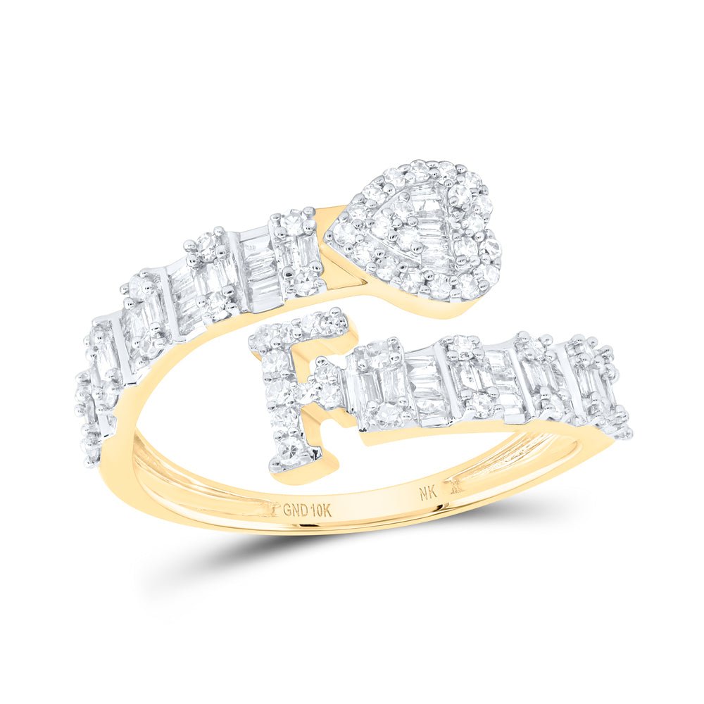 10K Yellow Gold Diamond Fashion Initial "F" Women's Heart Cuff Ring 1/2 Cttw - Splendid Jewellery