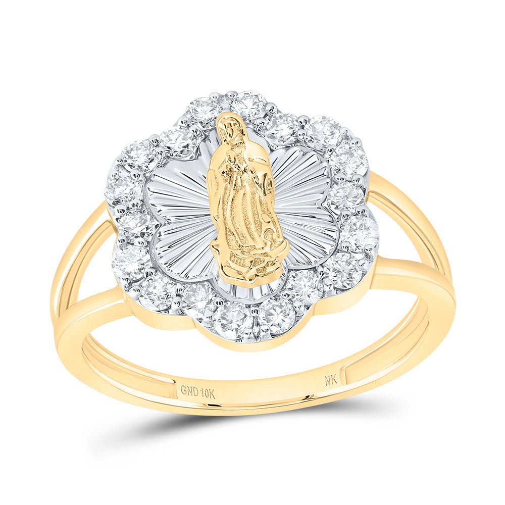 10K Yellow Gold Diamond Fashion Virgin Mother Mary Flower Women's Ring 1/2 Cttw - Splendid Jewellery