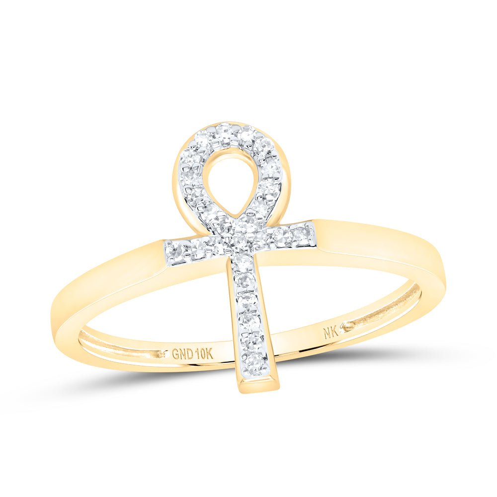 10K Yellow Gold Diamond Gift Ankh Cross Ring 1/10 Cttw - Splendid Jewellery