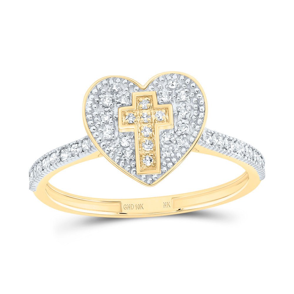 10K Yellow Gold Diamond Gift Cross Heart Ring 1/5 Cttw - Splendid Jewellery