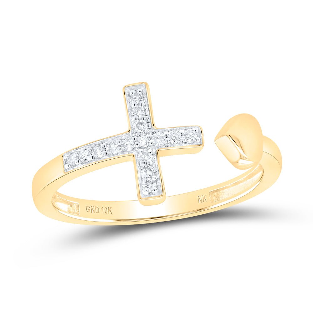 10K Yellow Gold Diamond Gift Heart Cross Ring 1/10 Cttw - Splendid Jewellery