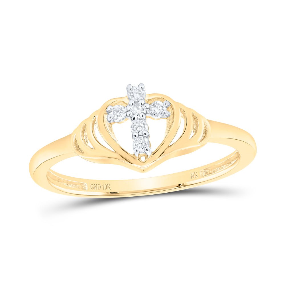 10K Yellow Gold Diamond Gift Heart Cross Ring 1/12 Cttw - Splendid Jewellery