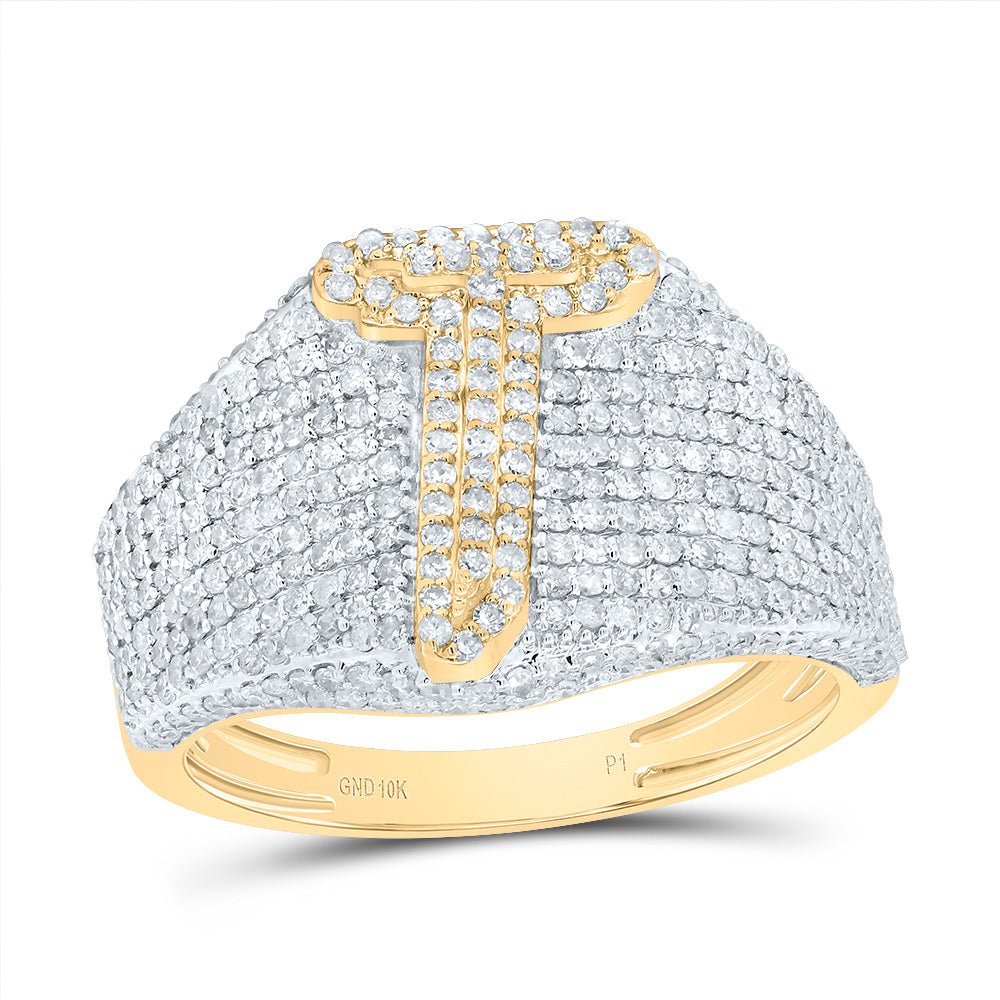 10K Yellow Gold Diamond Initial "T" Men's Ring 1 5/8 Cttw - Splendid Jewellery