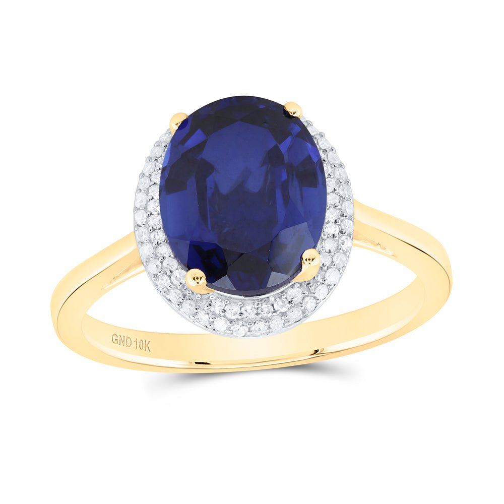 10K Yellow Gold Diamond Oval Blue Sapphire Synthetic Ring 1/6 Cttw - Splendid Jewellery