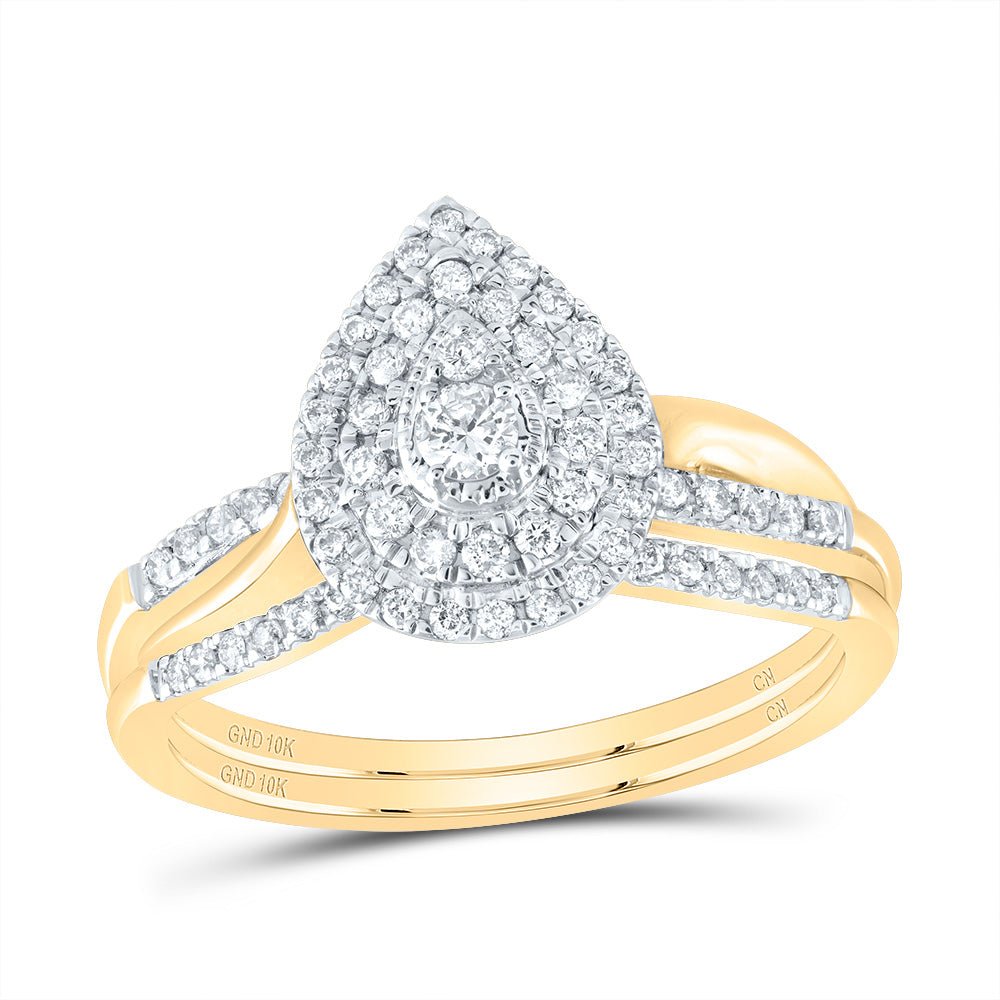 10K Yellow Gold Diamond Pear Double Halo Bridal Set 3/8 Cttw - Splendid Jewellery